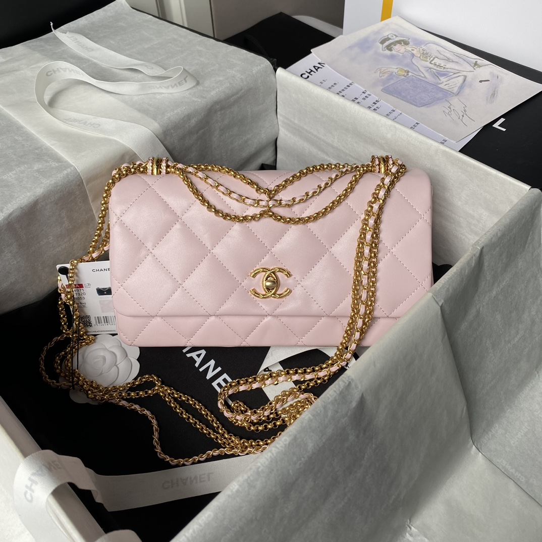 TOP CHANEL Flab Bag Lambskin 15×26×7cm - Pink & GHW