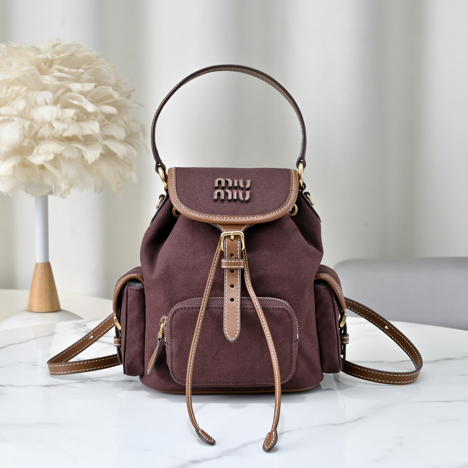TOP Miu Miu Backpack Canvas+Cowhide 22x18x11.5cm/29.5x25x12.5cm - Brown