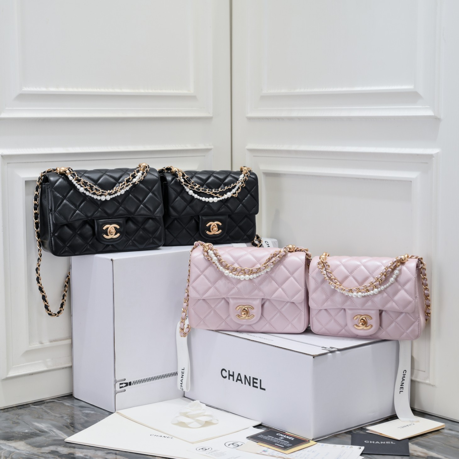 TOP CHANEL Classic Lambskin Flap Bags 17cm/19.5cm - Black/Pink - GHW