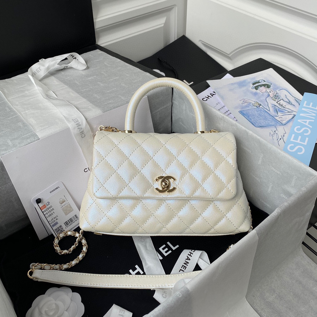 TOP CHANEL CoCo Handle Bag Carviar Medium 23cm - Pearl White & GHW