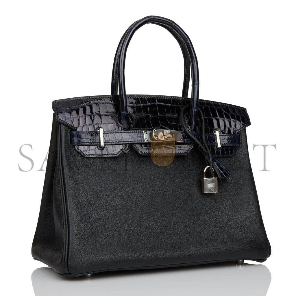 HERMES MASTER BIRKIN 25 BLEU MARINE SHINY NILOTICUS CROCODILE PATTERN AND BLACK NOVILLO TOUCH PALLADIUM HARDWARE (25cm)