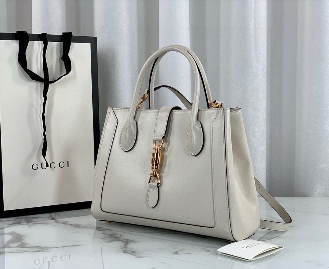 TOP GUCCI Jackie 1961 Series Tote Bag 30x24x12cm - White&GHW