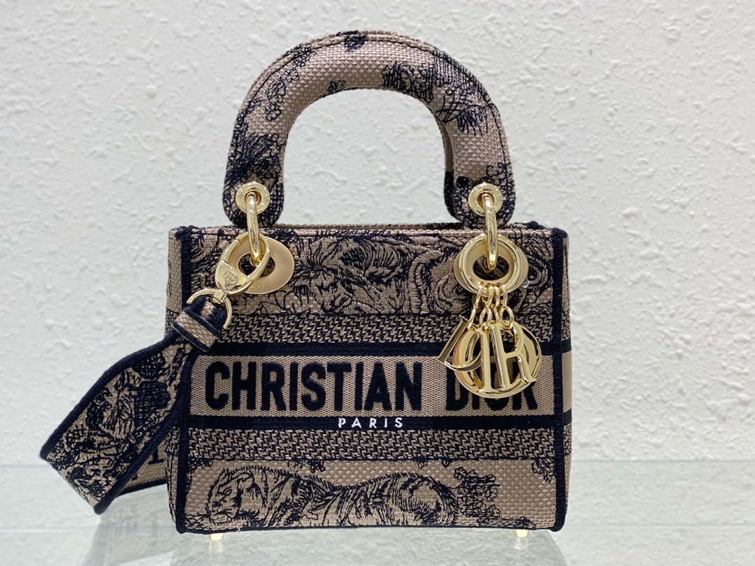 Top Christian Dior MINI LADY D-LITE BAG Brown Toile de Jouy Embroidery 17cm