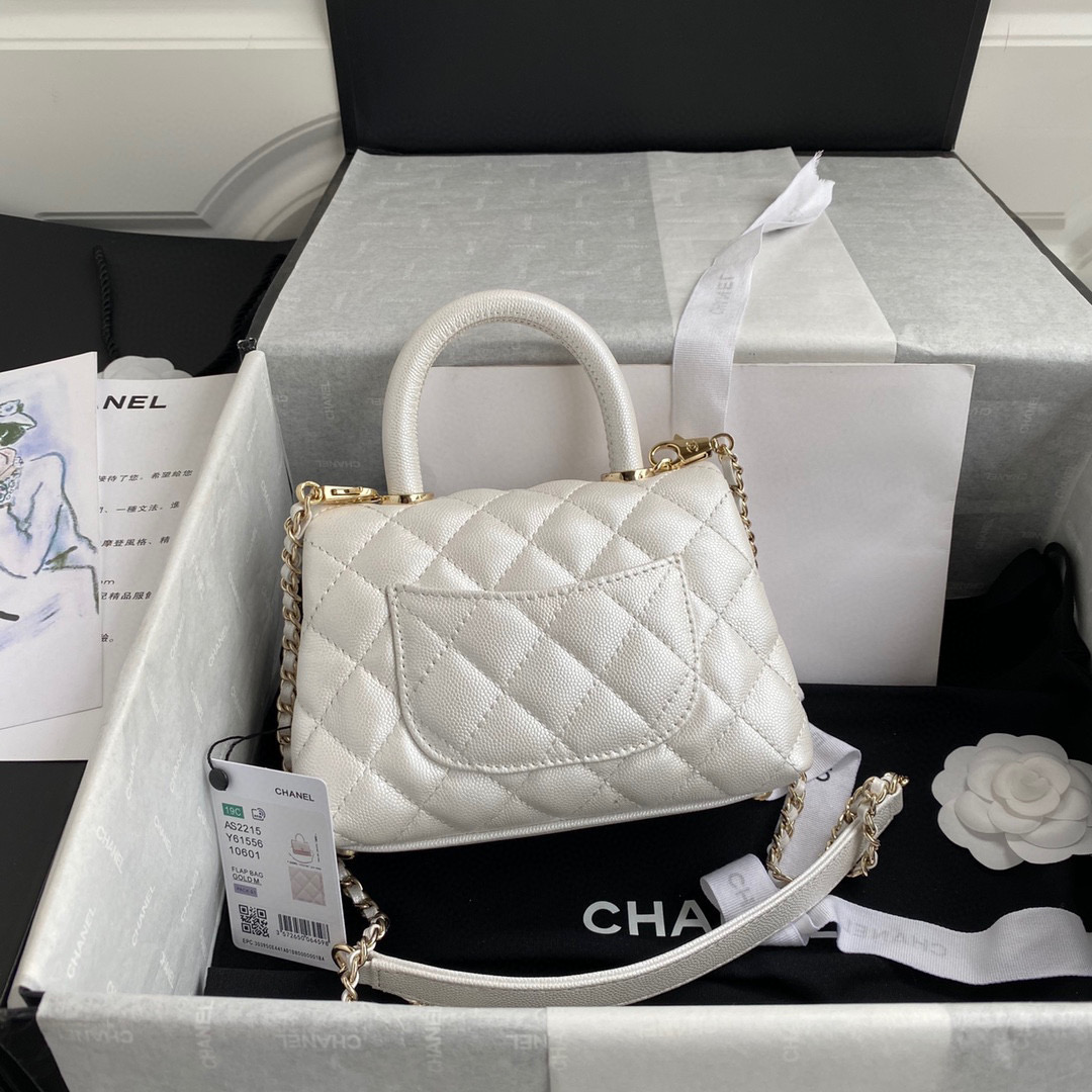 TOP CHANEL CoCo Handle Bag Carviar Small 19cm - Pearl White & GHW