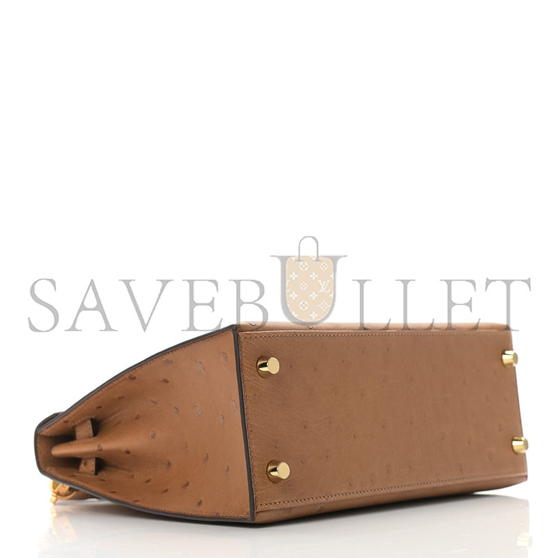 HERMÈS KELLY 25 OSTRICH LEATHER VELVET GREEN AND ROYAL BLUE BRUSHED GOLD BUCKLE (25*17*7cm)