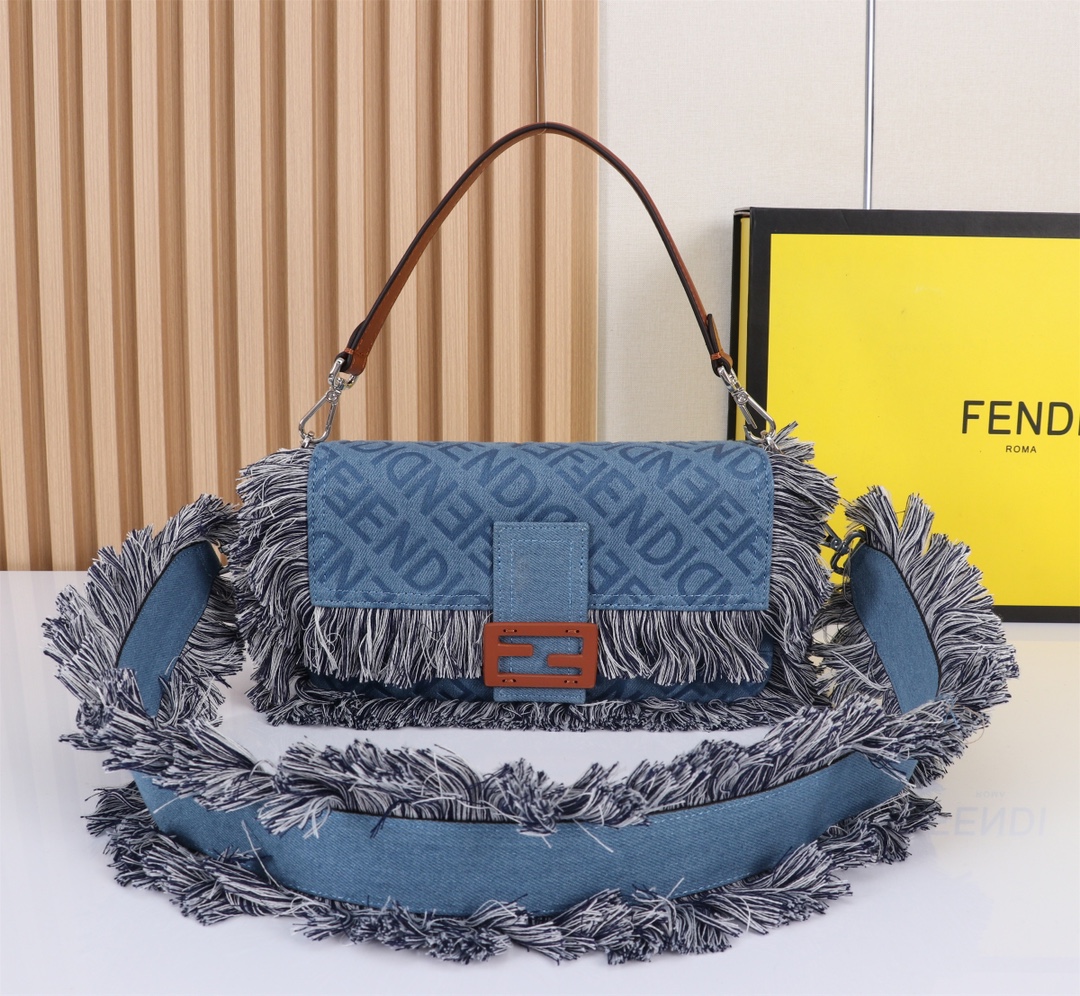 TOP FENDI Cowboy Tassel Baguette Bag - 26cm - Denim Blue