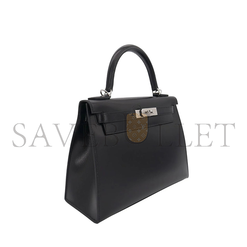 HERMÈS KELLY 28 SELLIER BLACK BOX CALF LEATHER PALLADIUM HARDWARE (28*22*10cm)