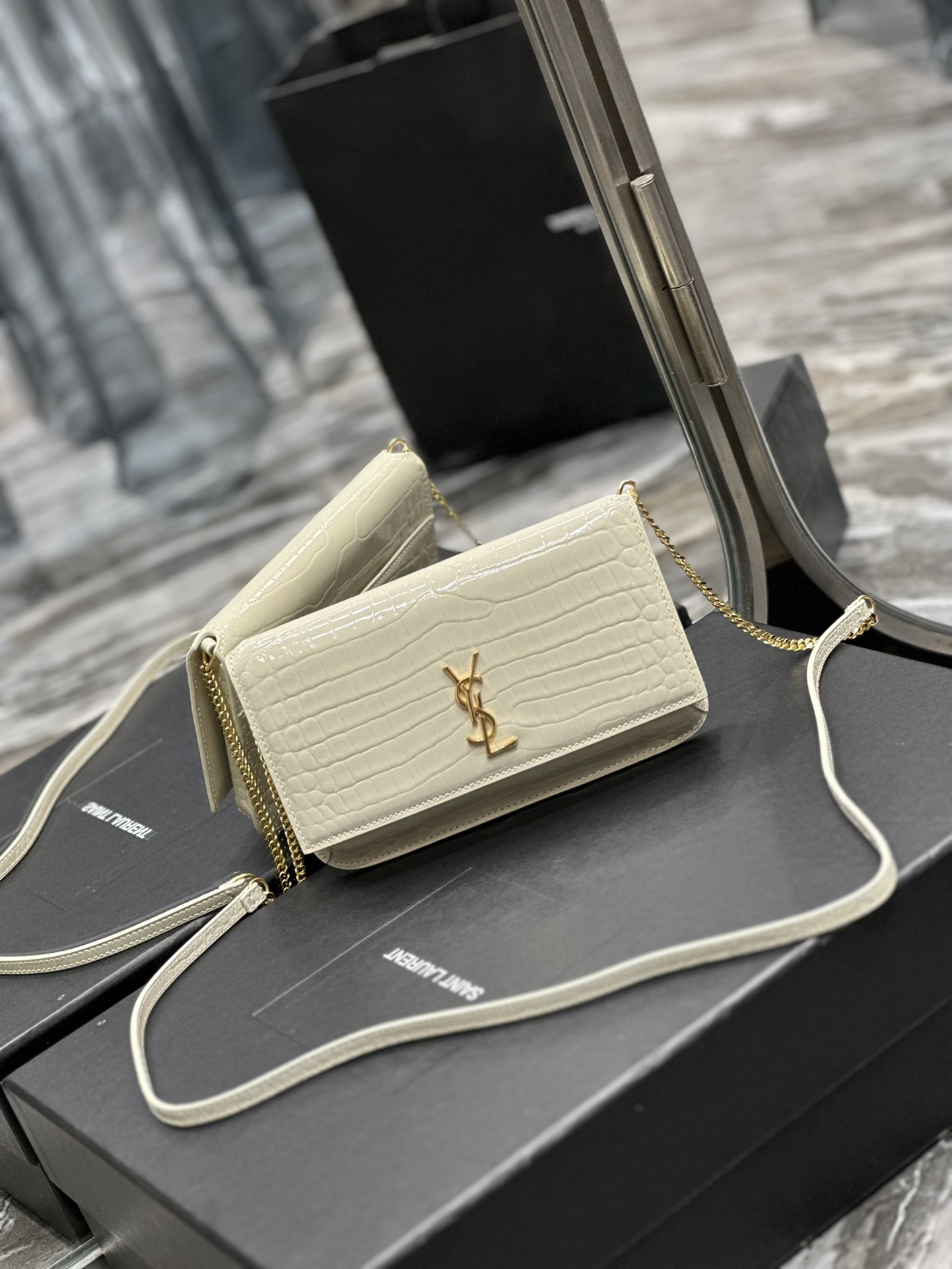 TOP Yves Saint Laurent YSL Monogram Phone Holder MINI Bag - White & GHW - Crocodile Pattern