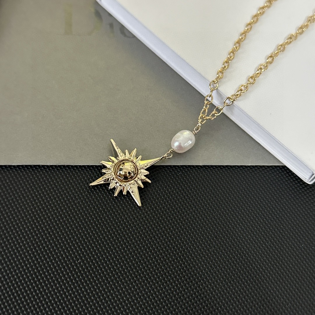 TOP Christian Dior Metal Sun Shape Pearl Stud Necklace