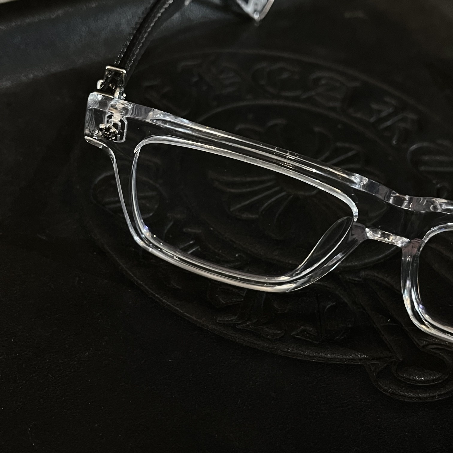 Chrome Hearts High Transparent Acetate Square Eyewear, Engraved Metal Temples, Retro Trendy Unisex Eyeglasses