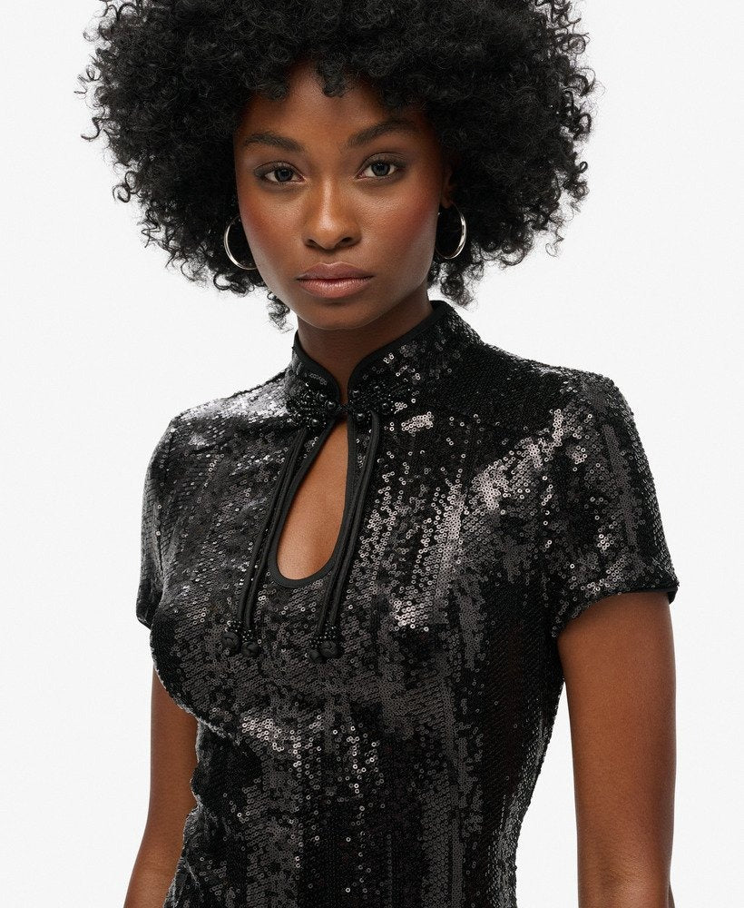 Mandarin Sequin Mini Dress | Black Sequin