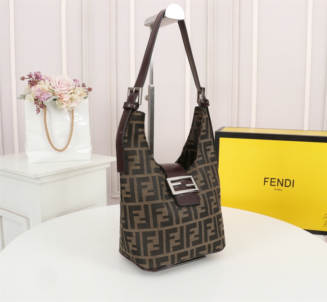 TOP FENDI Canvas Vintage Bag 19x28x14cm - Brown&SHW