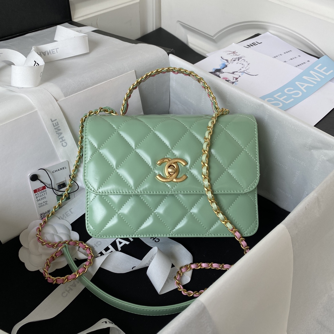 TOP CHANEL Mini CoCo Handle Bag 20X14X7.5cm - Green & GHW