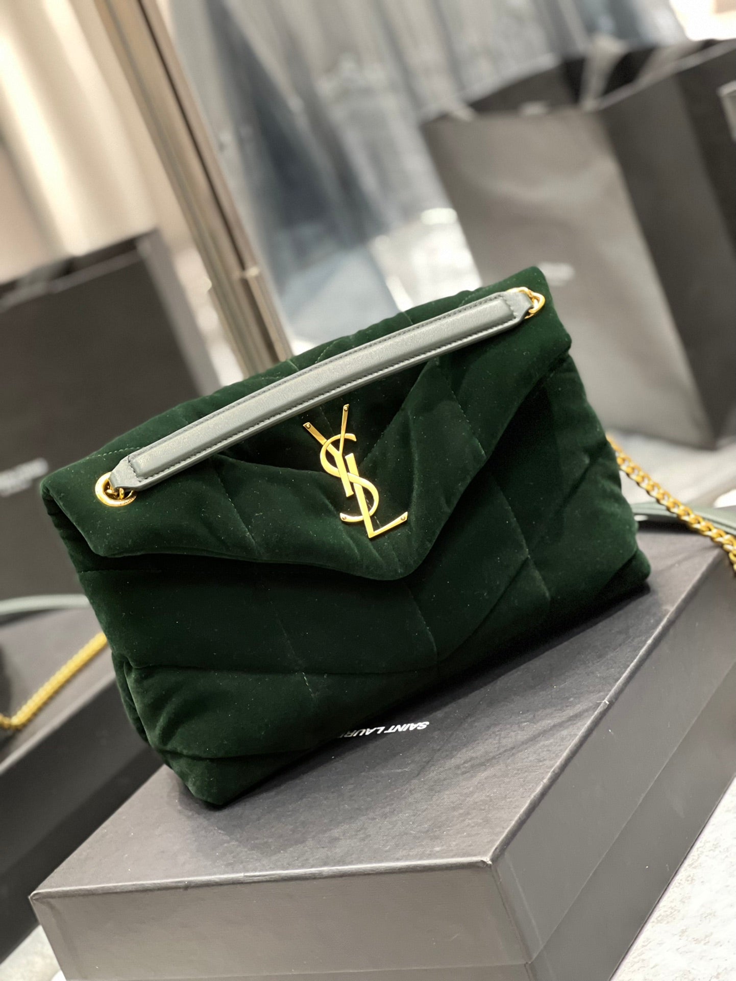 TOP Yves Saint Laurent YSL Loulou Puffer Suede Small Bag - Dark Green