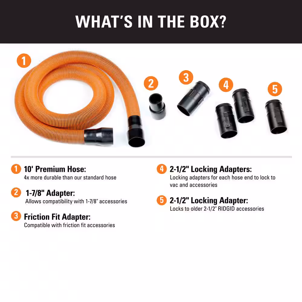 1-7/8 in. x 10 ft. Locking Professional Vacuum Hose Kit Accessory Shop Vac Attachments for RIDGID Wet Dry Vacuums