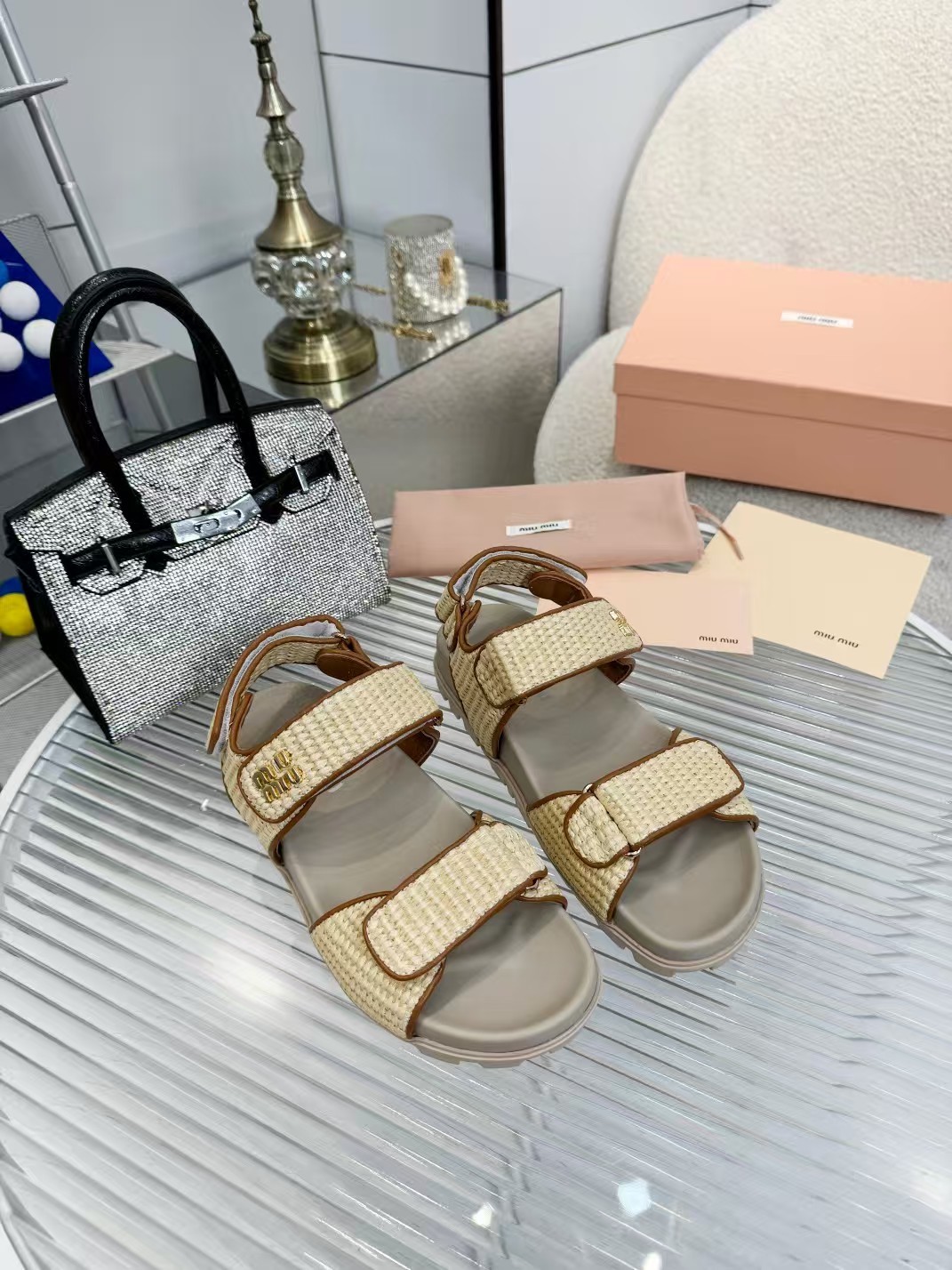 TOP Miu Miu Matelassé Nappa Straw Sandals - Khaki