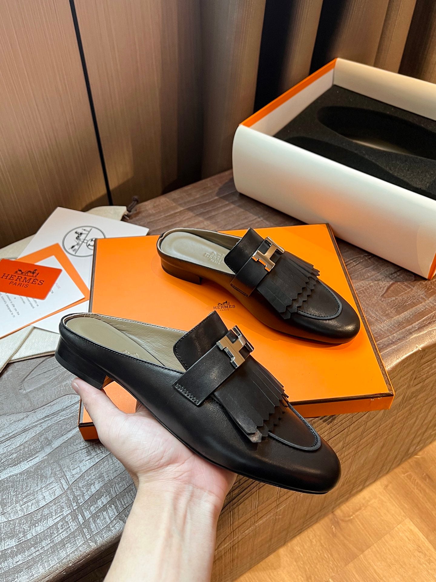 TOP HERMES Rivoli Mules - Black & SHW