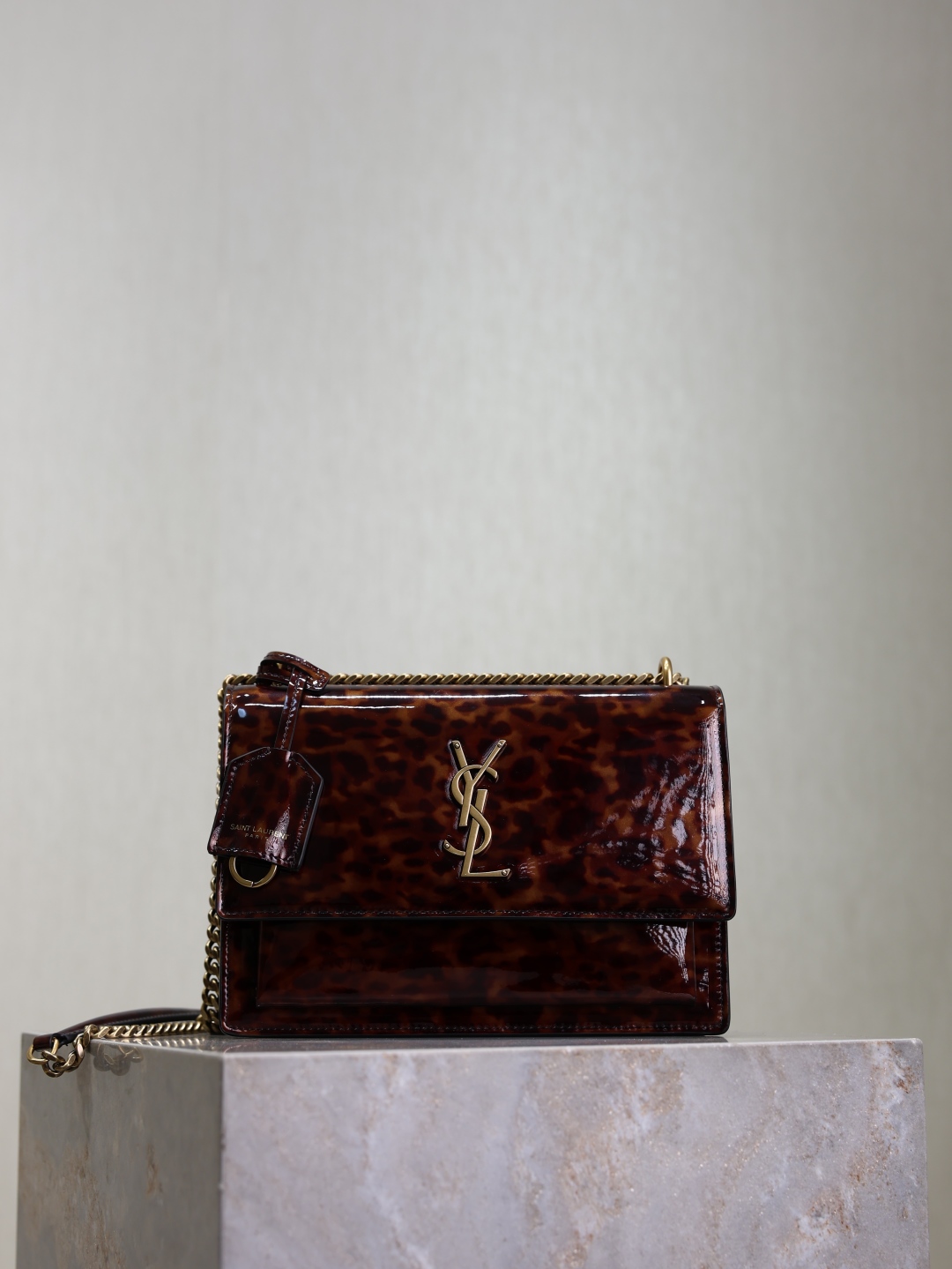 TOP Yves Saint Laurent YSL Sunset Bag Leopard Print Patent Leather Bag 22cm- Brown&GHW
