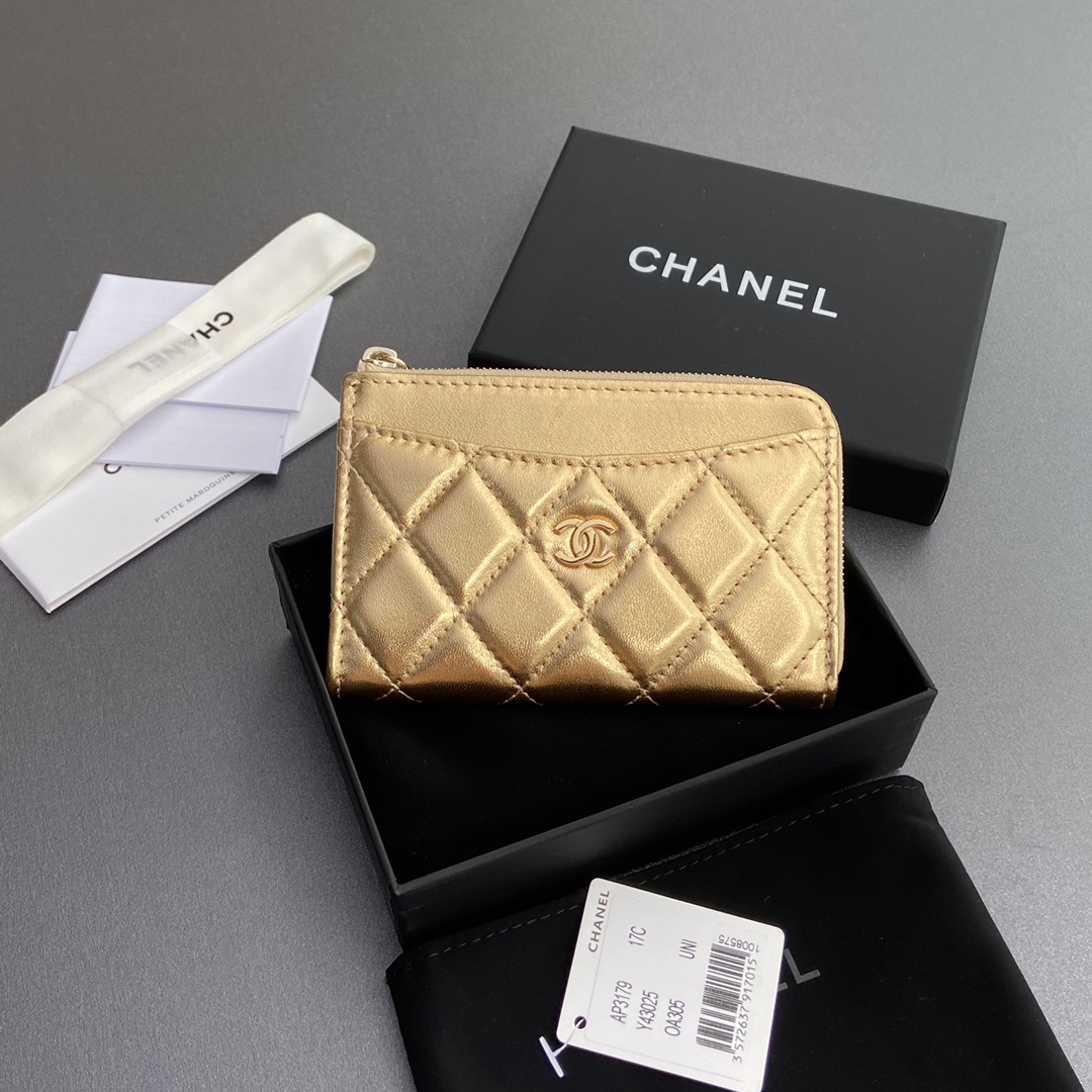 TOP CHANEL Zipped Cardholder Calfskin/Lambskin 13x9x2cm -12 Color