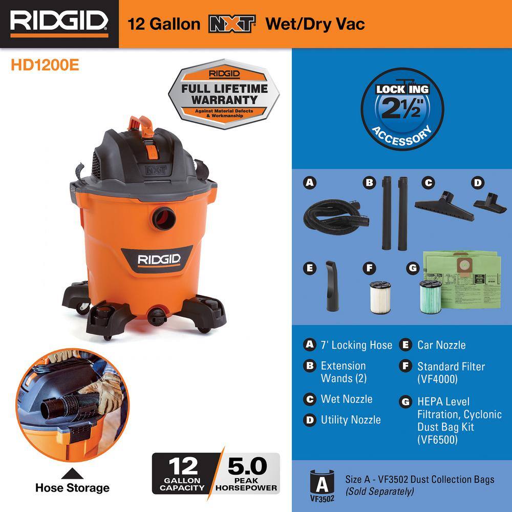 12 Gallon 5.0 Peak HP NXT Shop Vac Wet Dry Vacuum with Filter, Locking Hose, Accessories, OSHA and HEPA Filtration Kit