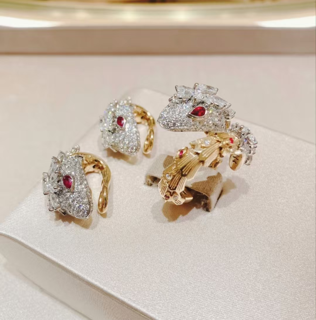 TOP BVLGARI Serpenti Platinum Diamond Emerald Earrings + Ring Set-Gold