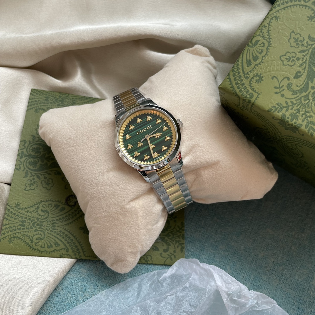 GUCCI Timeless Watch, Green Malachite Dial With Gold Bee Markers, Two-Tone Gold Silver Stainless Steel Bracelet Ladies Wrist Watch
