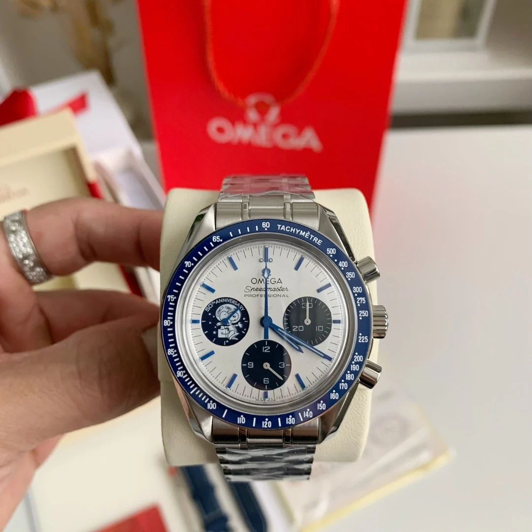 AAAWatch Men Vintage Racing Chronograph Watch Silver Stainless Steel Bracelet Blue Bezel Automatic Mechanical Wristwatch