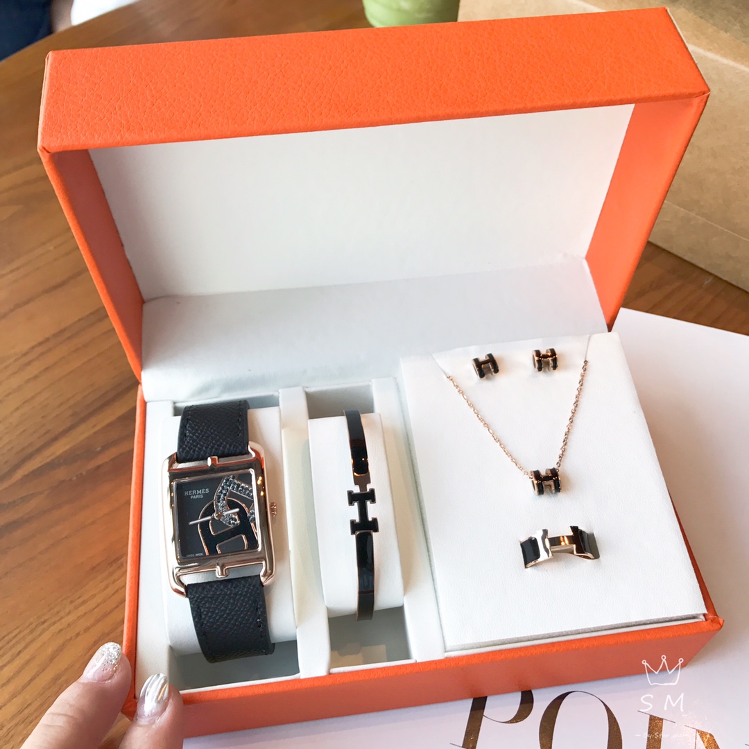 TOP HERMES H Logo Watch Bracelet Necklace Earrings Ring Set
