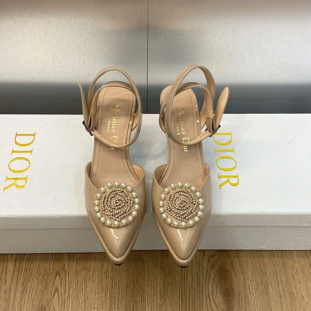 Dior Pearl Beading Flower Ankle Strap Slingbacks (Replica)