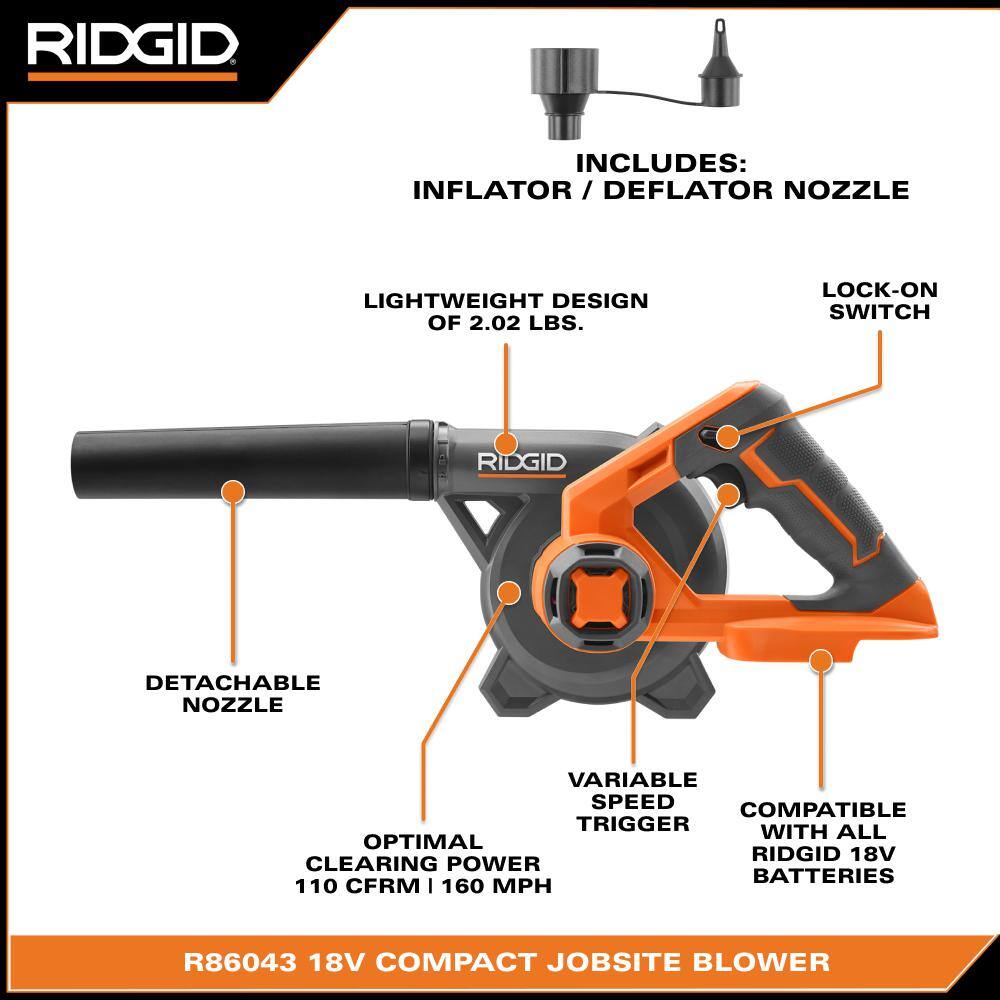 18V Lithium-Ion Cordless Compact Jobsite Blower with Inflator/Deflator Nozzle