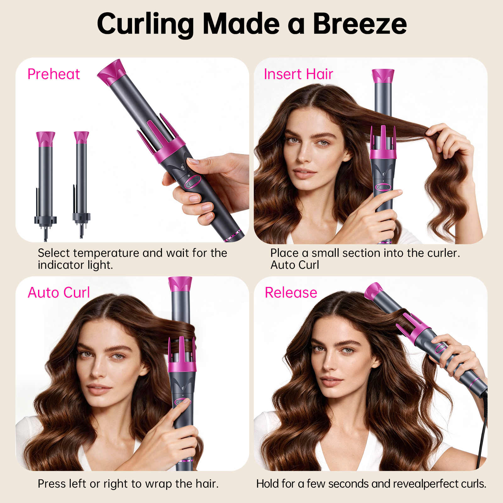 Ecorio Automatic 3 in 1 Hair Curler with 0.75inch/1inch/1.25inch Interchangeable Ceramic Barrels