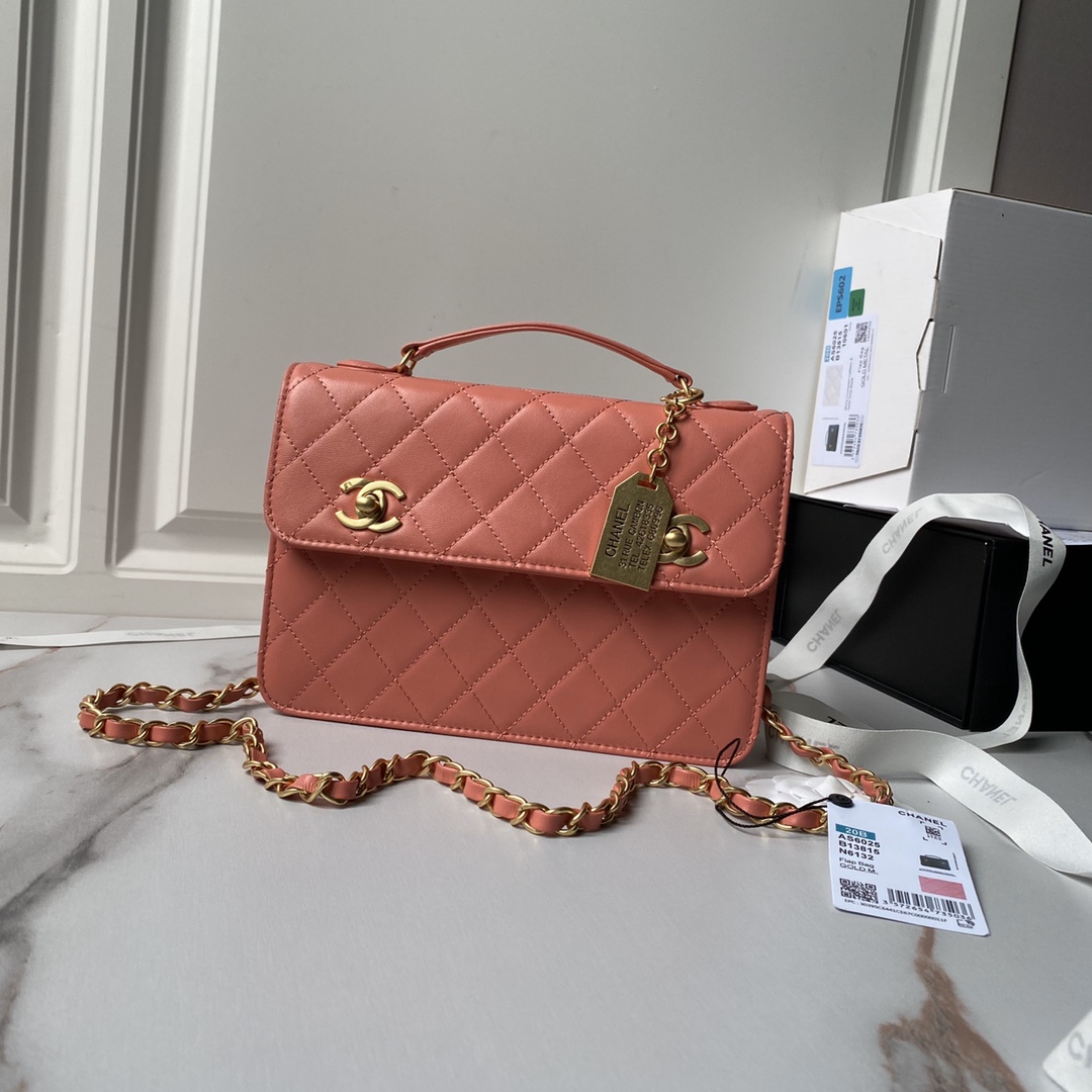 TOP CHANEL Double Turn Lock 2 Way Pink Leather Bag 23×16cm-Pink