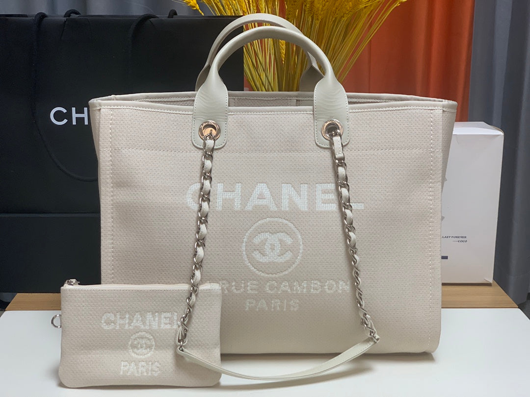 TOP CHANEL Deauville 2 in 1 Shoping Tote - Cream