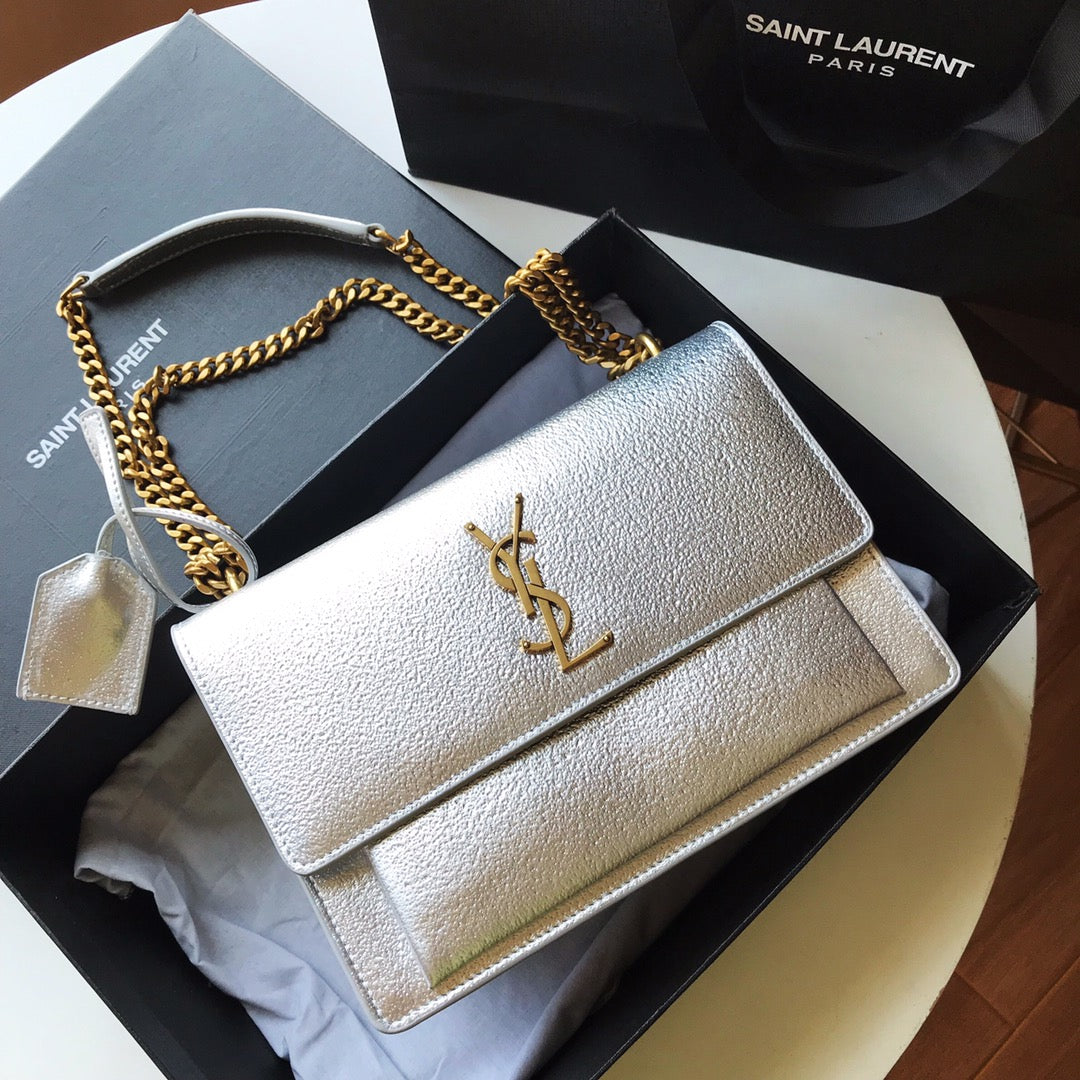 TOP Yves Saint Laurent YSL Sunset Metallic Small Bag 22×16×8 cm - Silver