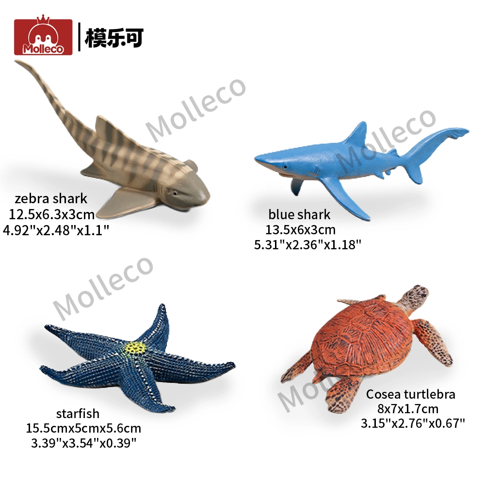 Molleco Marine Animal Figure Toys for Kids and Children Blue Shark+Sea Turtle+Starfish+Zebra Shark CP107-1-2-3-4