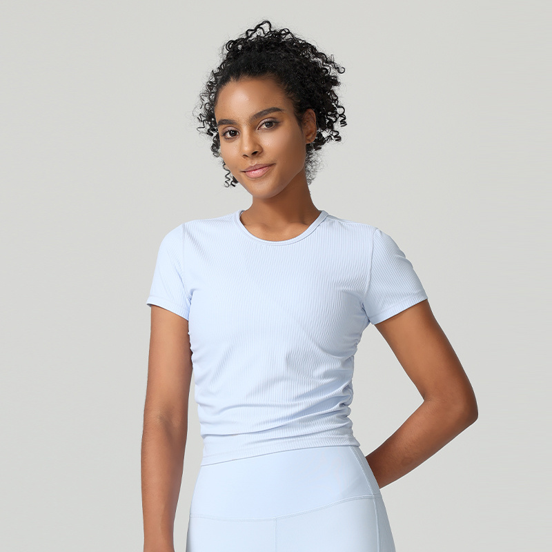 Womens Slim Fit Sports T Shirt Side Ruched Quick Dry 4Way Stretch Yoga Top