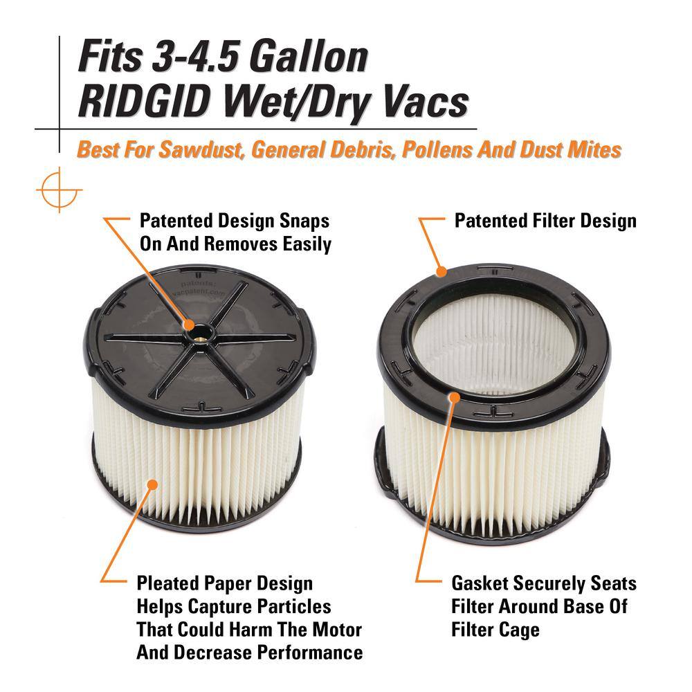 General Debris Pleated Paper Wet Dry Vacuum Shop Vac Filter Replacement for Most 3-4.5 Gallon RIDGID Shop Vacs (1-Pack)