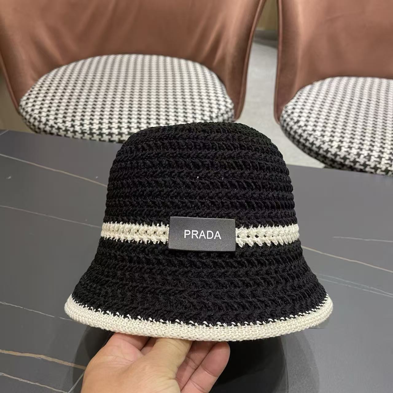 PRADA Striped Crochet Bucket Hat, Hollow Out Knitted Summer Sun Hat for Women