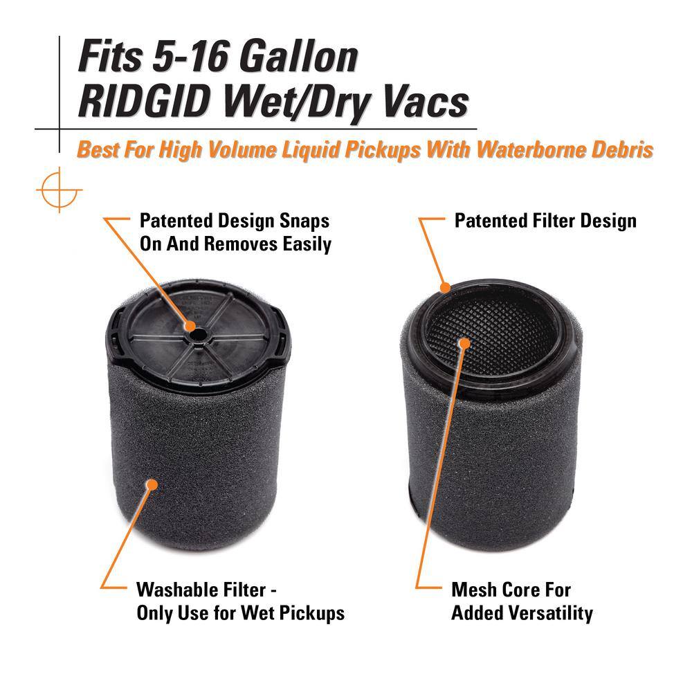 Wet Debris Application, Foam Wet Dry Vacuum Shop Vac Filter for Most 5-16 Gallon RIDGID Shop Vacs (2-Pack)