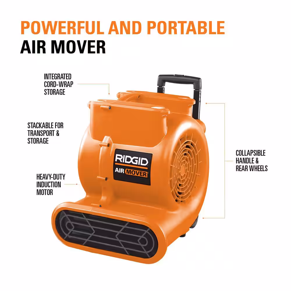 1625 CFM 3-Speed Portable Blower Fan Air Mover with Collapsible Handle and Rear Wheels for Water Damage Restoration