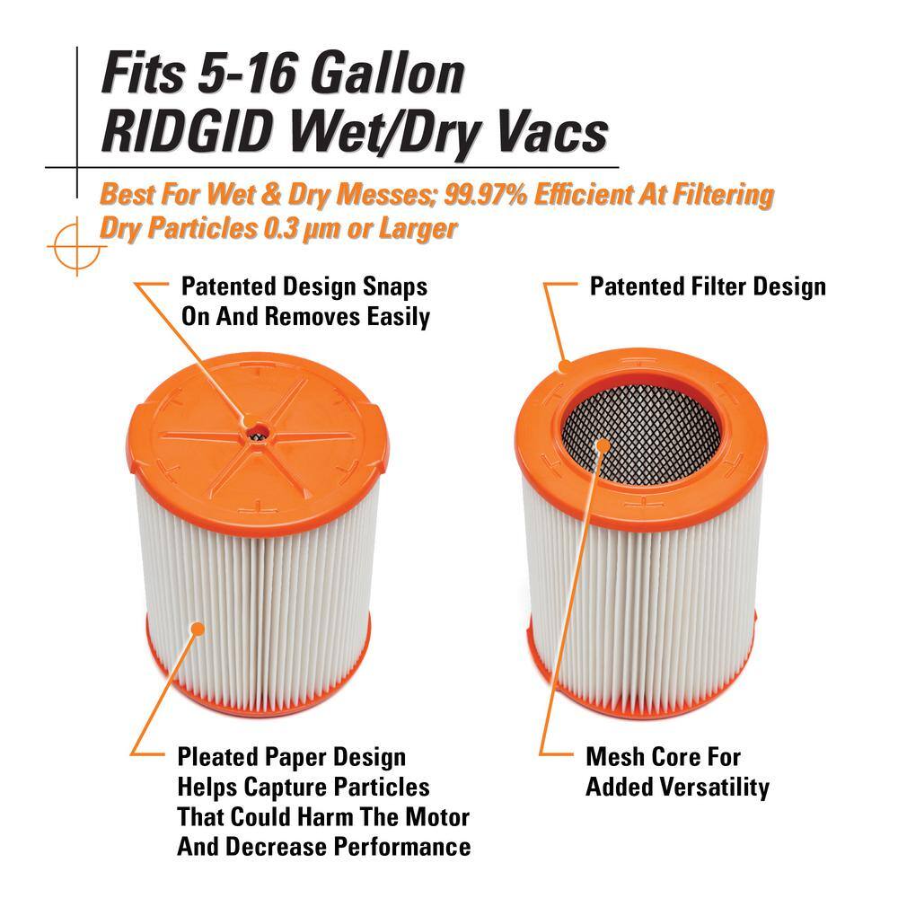 HEPA Replacement Wet Dry Vacuum Shop Vac Filter for Most 5-16 Gallon RIDGID Shop Vacs (1-Pack)