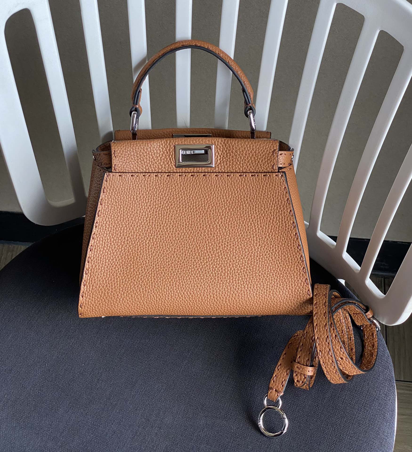 TOPFENDI Calfskin Iconic Mini Peekaboo Bag 23×18×12cm - Brown&SHW