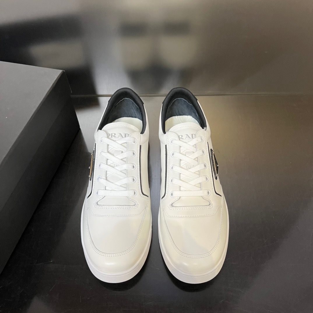 PRADA Unisex White Leather Low-top Sneakers, Black & White Contrast Triangle Logo Casual Shoes