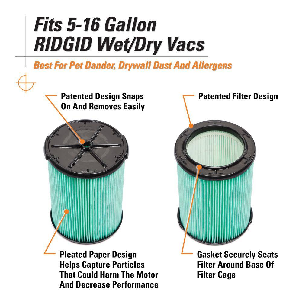 HEPA Material Pleated Paper Wet Dry Vacuum Shop Vac Filter Replacement for Most 5-16 Gallon RIDGID Shop Vacs (2-Pack)