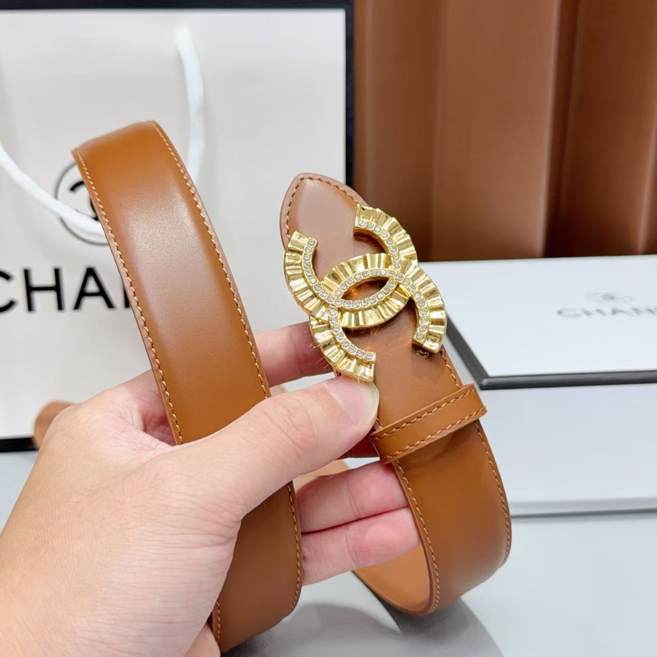 CHANEL Rhinestone Pleated Double C Pin Buckle Belt, Smooth Leather Waist Belt For Women