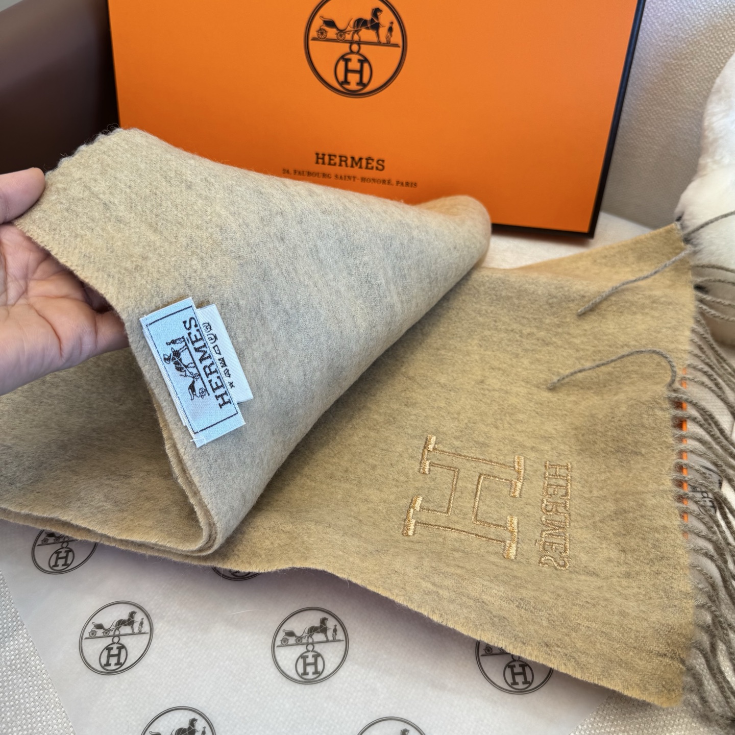 TOP HERMES Scarf with Embroidery Logo 35 x 190 cm - Gray