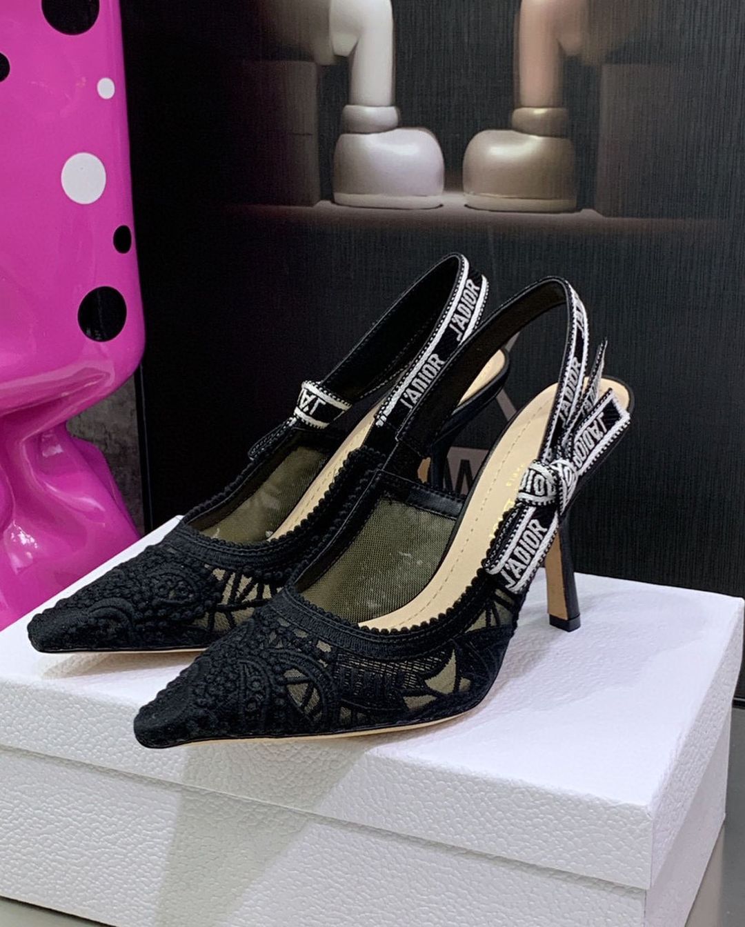 TOP Christian Dior J'AChristian Dior Slingback Pump Macramé Embroidered Cotton - Black
