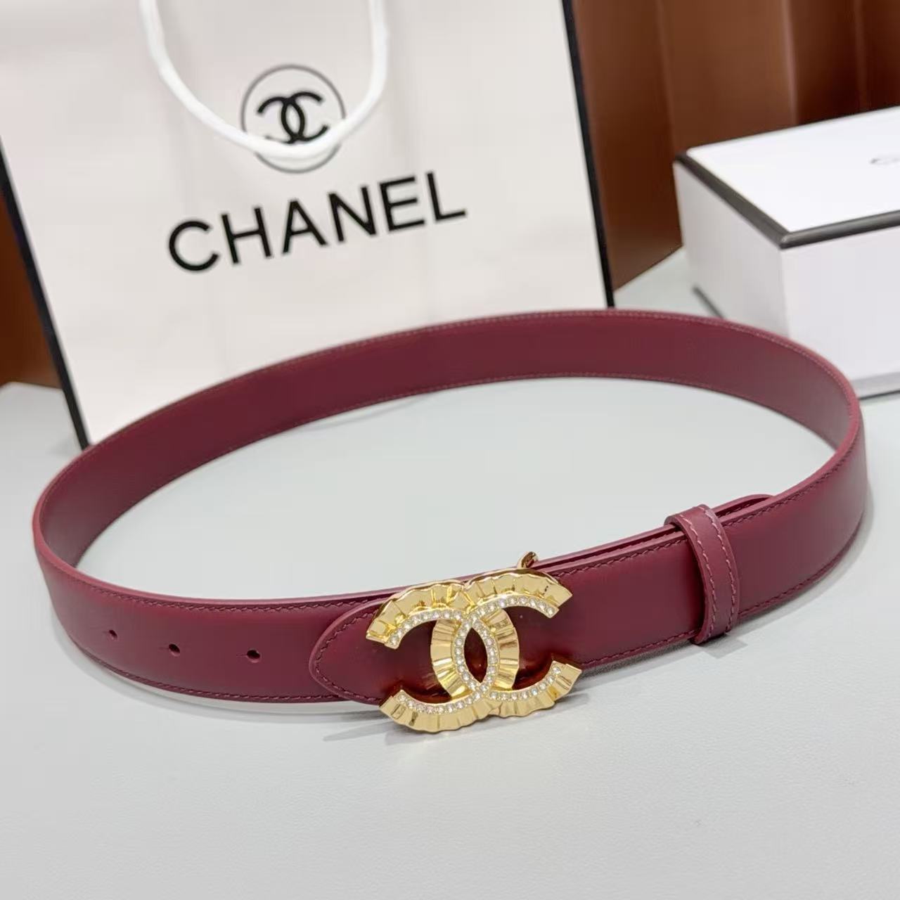 CHANEL Rhinestone Pleated Double C Pin Buckle Belt, Smooth Leather Waist Belt For Women