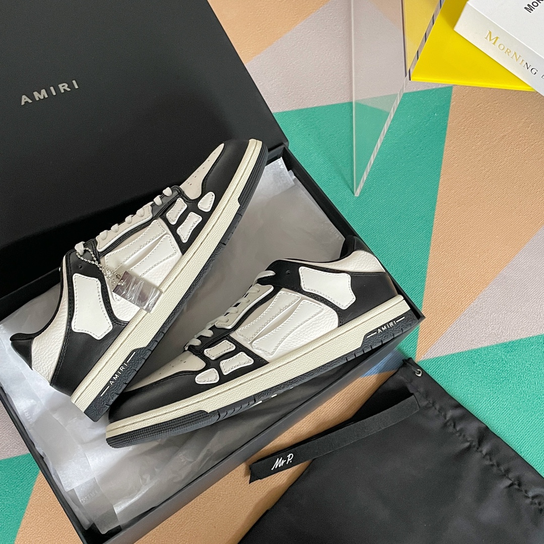 AMIRI Skeleton Low Top Sneakers, Black White Leather Casual Skate Shoes