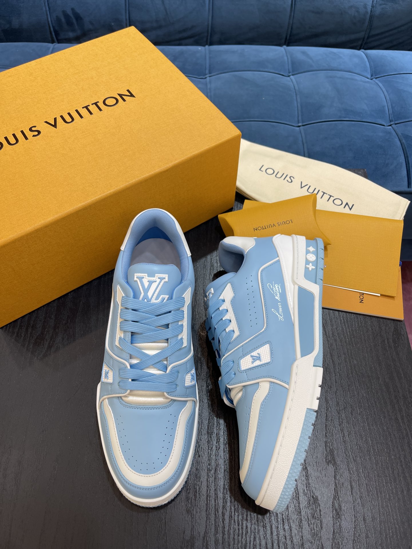 Louis Vuitton Trainer #54 Low‑Top Sneakers Baby Blue White Calf Leather Casual Shoes